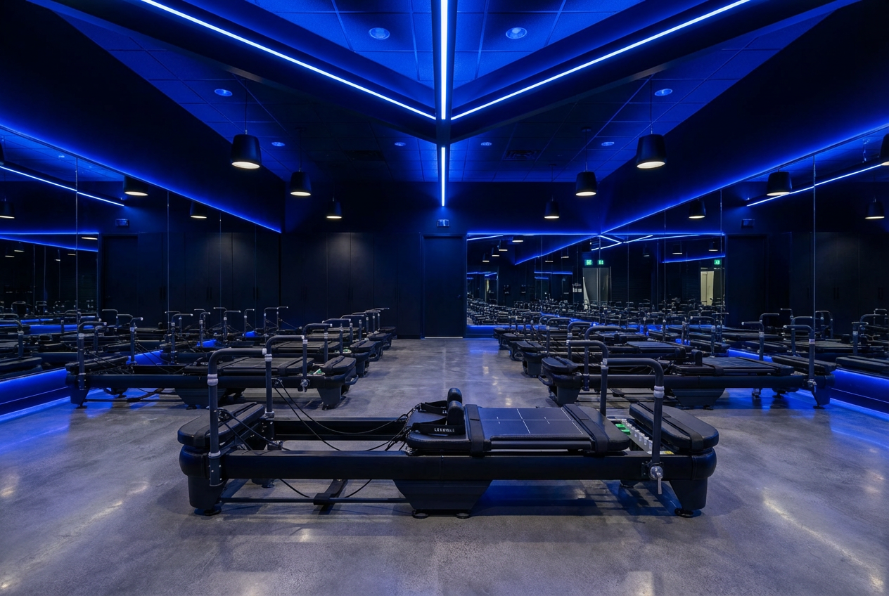 Commercial pilates reformers in a high-end fitness club environment — the kind of reformer zone German club operators have been adding