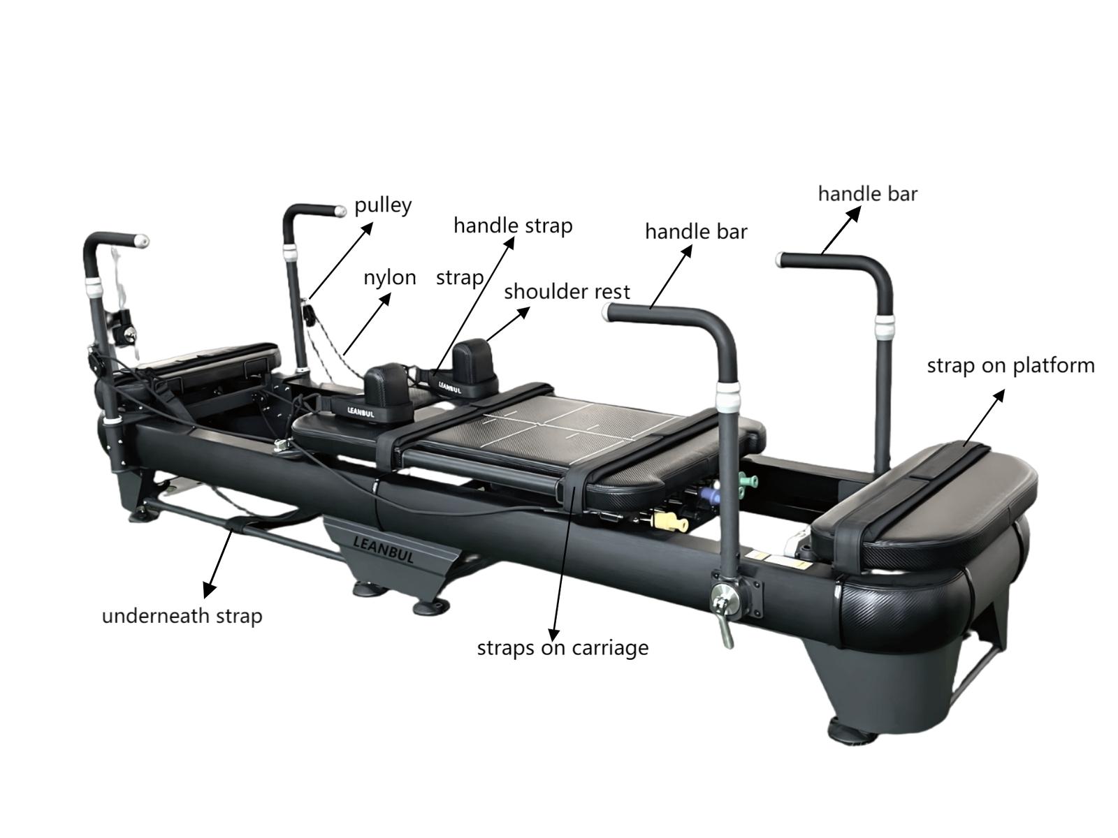 Durable aluminum frame detail on a commercial pilates reformer