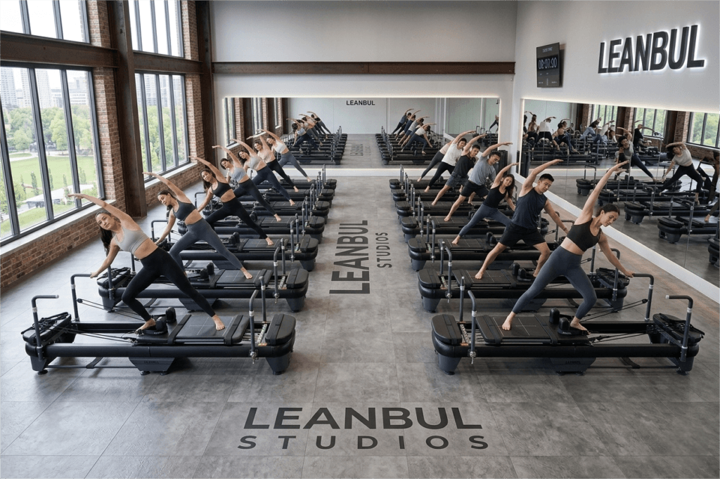 Large Pilates studio with high-capacity reformer setup