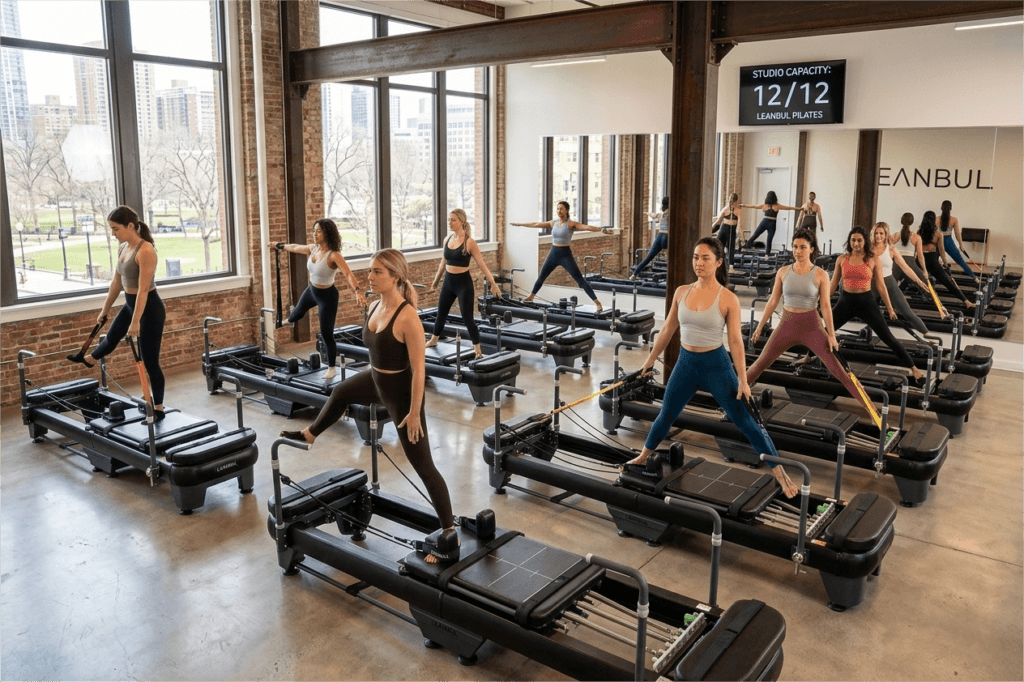 Luxury Pilates studio with premium commercial reformers